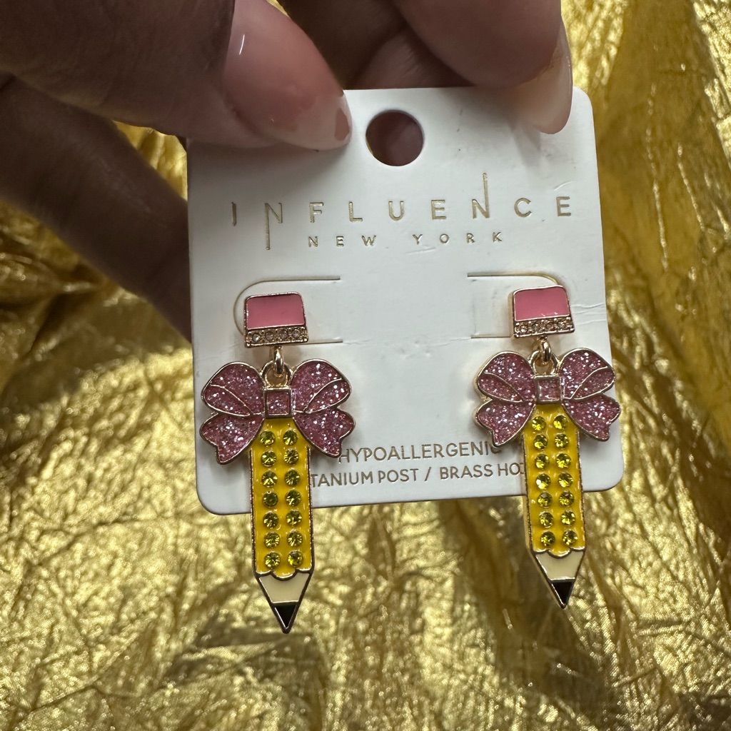 Influence New York Glitter Pencil Bow Earrings New On Card